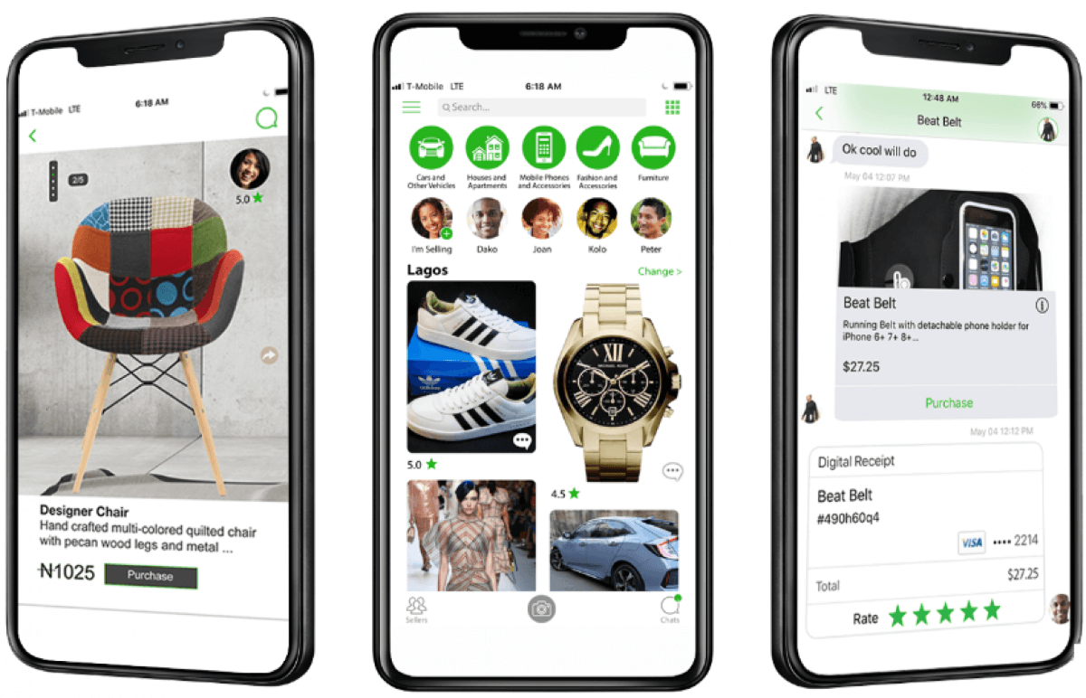Three phone screens are shown. On the screens are images of used household and personal items being sold online. The platforms are generic but items like watches, cars, shoes, and chairs can be seen for sale.